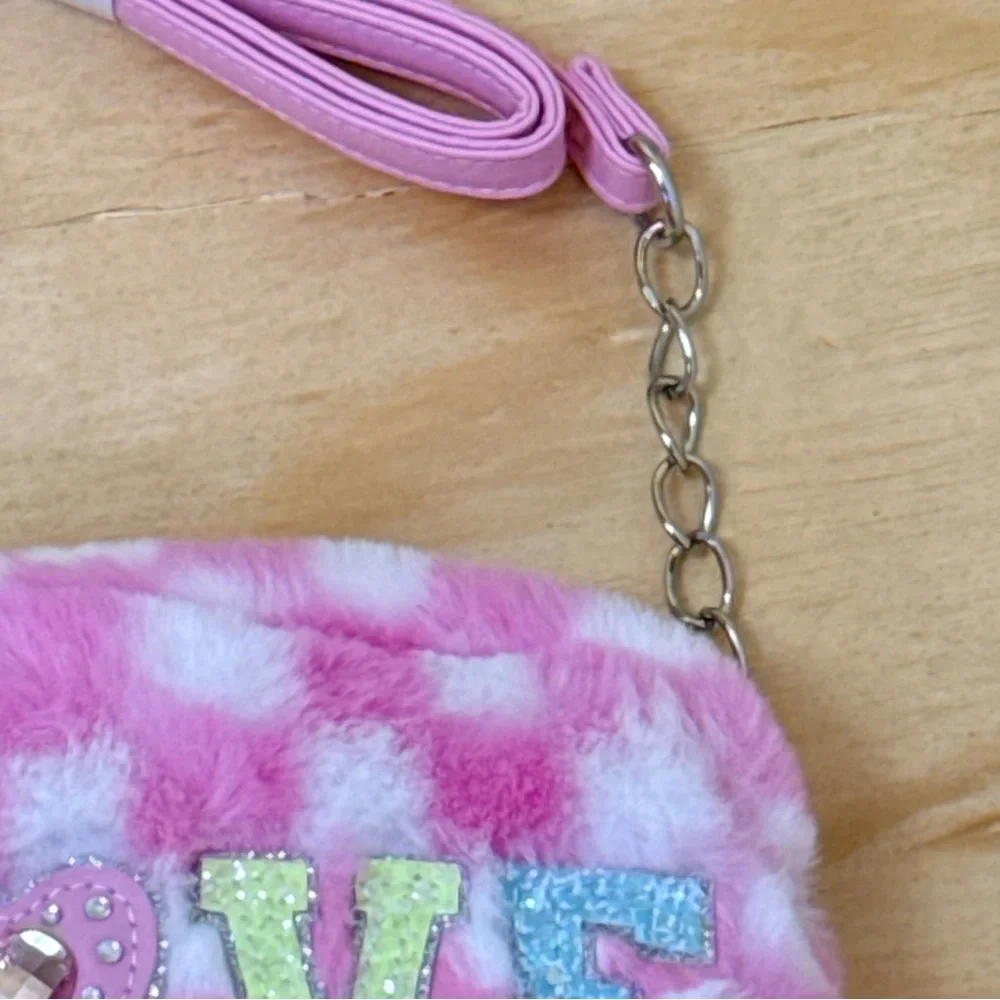 Girls Tween Pink Fuzzy Crossbody Purse LOVE Glitter Mini Bag NWT